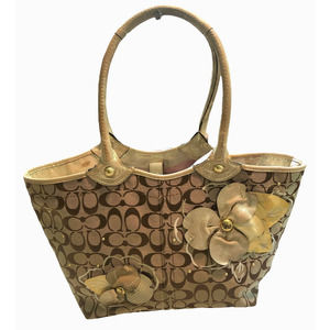 Coach Bleeker Jaquard Floral Applique Gold and Tan Signature Tote